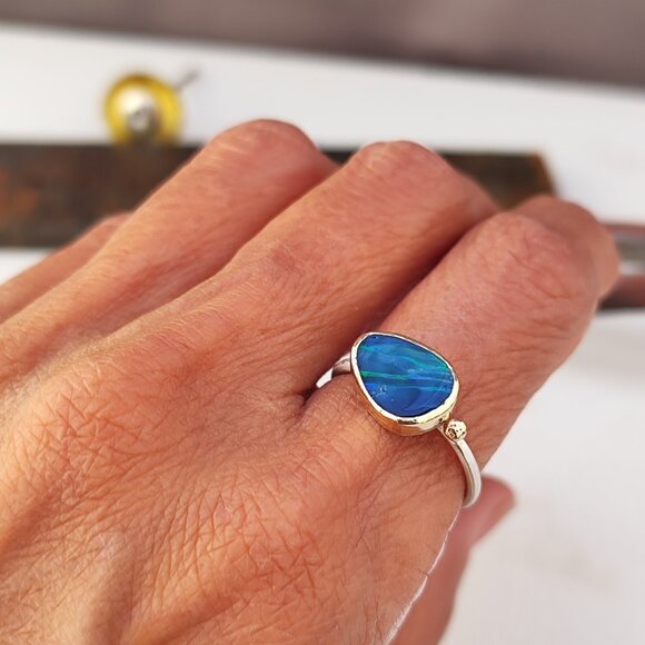14K solid Yellow gold & Sterling silver ring with Blue Australian Opal. - Picture 7 of 14